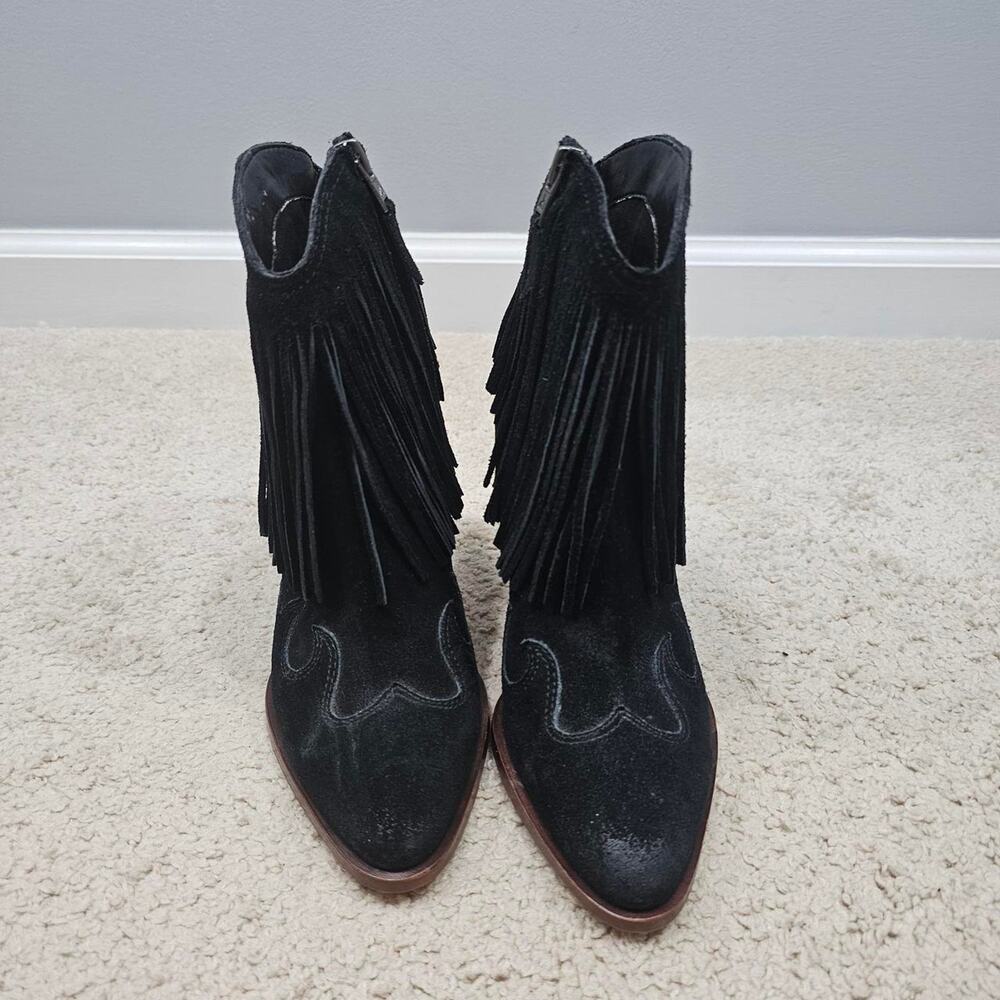 Sam Edelman Black Suede Fringe Western Boots Size 6
